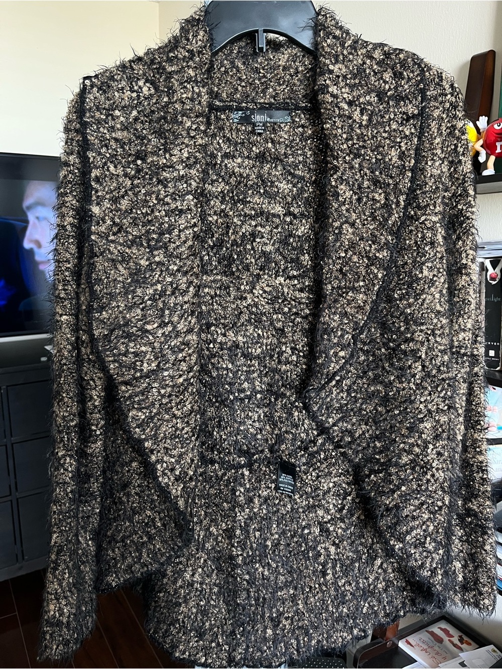 Sioni Petite PM Wool Blend Fuzzy Bouclé Eyelash Open Front Cardigan Jacket Coat